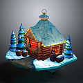 Cartoon Winter Scene With Snowy Log Cabin Pine Trees String Lights And Wooden Barrels