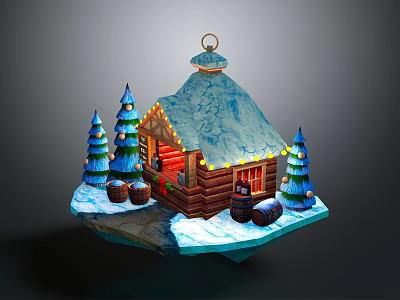 Cartoon Winter Scene With Snowy Log Cabin Pine Trees String Lights And Wooden Barrels 3d model
