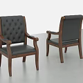 Gray Leather Office Chair With Wooden Frame And Tufted Backrest Armrests