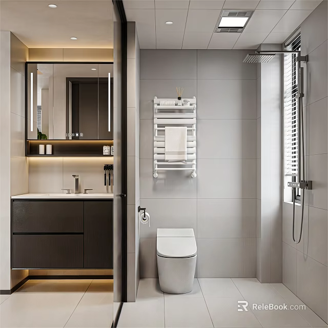 Modern Bathroom Interior With Toilet Vanity Mirror Tiled Walls And Shower 3d model 