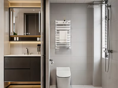 Modern Bathroom Interior With Toilet Vanity Mirror Tiled Walls And Shower 3d model