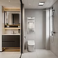 Modern Bathroom Interior With Toilet Vanity Mirror Tiled Walls And Shower