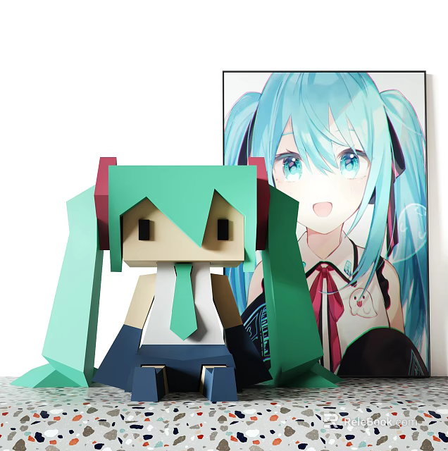 Cartoon Style Paper Craft Doll With Green Hair And Red Accents Near Anime Poster 3d model 