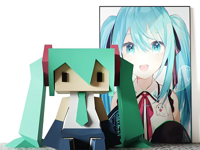 Cartoon Style Paper Craft Doll With Green Hair And Red Accents Near Anime Poster 3d model