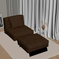 Brown Tufted Armchair And Ottoman On Patterned Rug With Window Plant Side Table And Poster 3d model