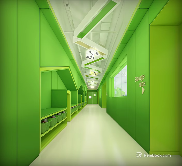 Modern Elevator Hallway Featuring Green Walls White Geometric Ceiling And Shape Area 3d model