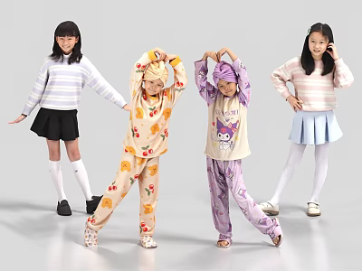 Four Young Girls Posing Playfully In Colorful Outfits And Striped Sweaters 3d model