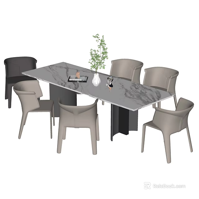 Grey Marble Top Rectangular Dining Table Set With Six Chairs Vase And Decor 3d model