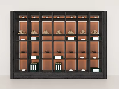 Modern Black Frame Bookcase With Brown Compartments Books Pyramid And White Circular Decorations 3d model