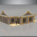 Traditional Architecture with Curved Eaves Large Windows Light Gray Roof Yellow Trim and Brown Walls