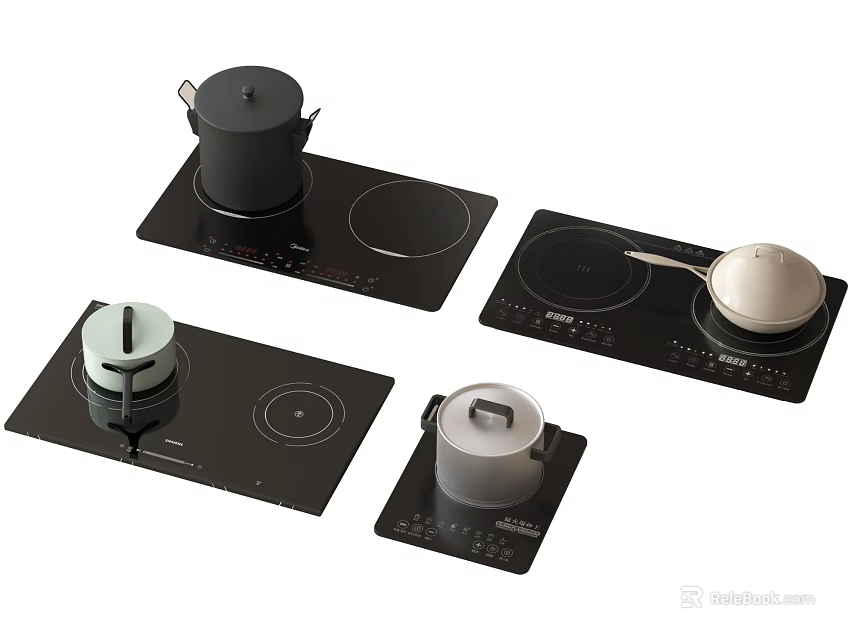 Kitchen Appliances Featuring Multiple Black Induction Cooktops with Pots and Pans 3d model