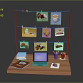 Wooden Display Stand With Red Frame Hanging Colorful Food Images And Table Items