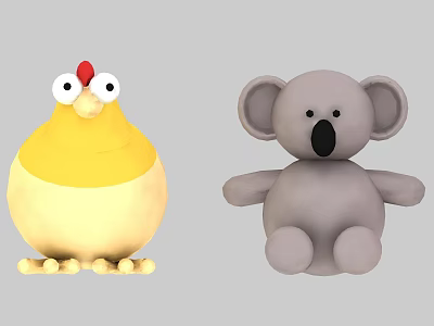 Cute Stuffed Toys Yellow White Chicken With Red Comb And Gray Koala With Black Nose 3d model