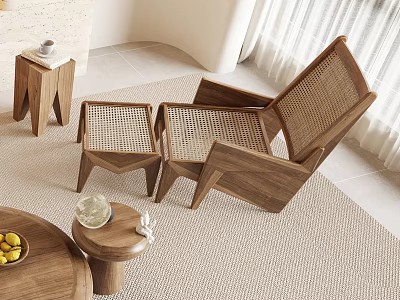 Modern Wooden Leisure Chair With Rattan Weaving And Matching Stools In Minimalist Interior 3d model