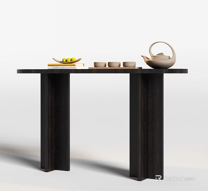 Dark Wood Console Table Interior With Teapot Teacups And Fruit Tray 3d model