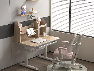 Adjustable Kids Study Desk with Pink Chair Bookshelf and Decorations Near Window 3d model