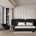 Modern Bedroom Interior With Black Headboard White Pillows Black Chair Blinds And Wooden Walls