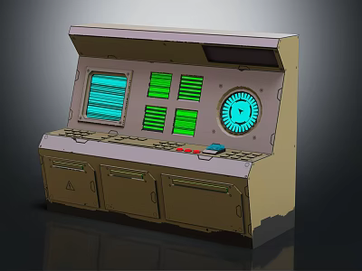 Industrial Control Console With Multiple Green Screens Circular Gauge And Storage Cabinets 3d model