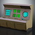 Industrial Control Console With Multiple Green Screens Circular Gauge And Storage Cabinets