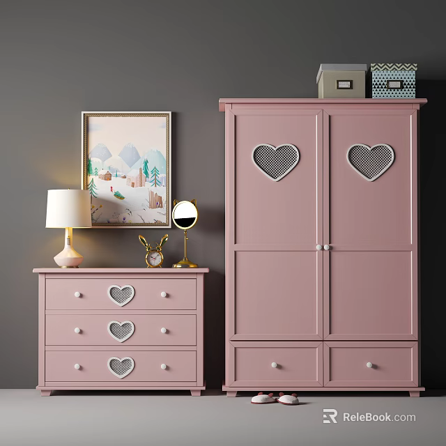 Pink Entryway Cabinet and Console Table with Heart Shaped Designs and Decor Items 3d model 