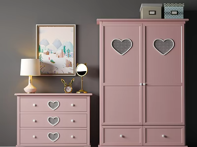 Pink Entryway Cabinet and Console Table with Heart Shaped Designs and Decor Items 3d model