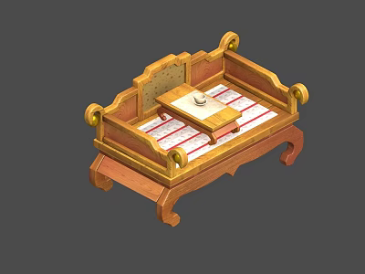 Traditional Wooden Arhat Bed with Carved Armrests Striped Mattress and Small Table 3d model