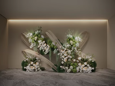 Floral Installation Decorative Design With White Green Flowers Curved Structures And Lighting Accents 3d model