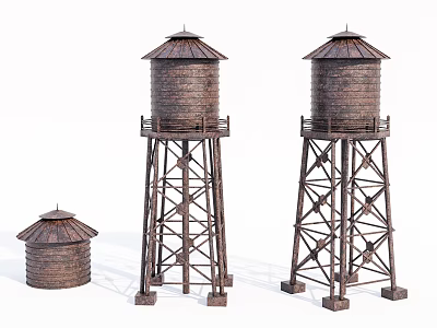 Industrial Equipment Water Towers with Various Sizes Metal Framework and Wooden Design 3d model