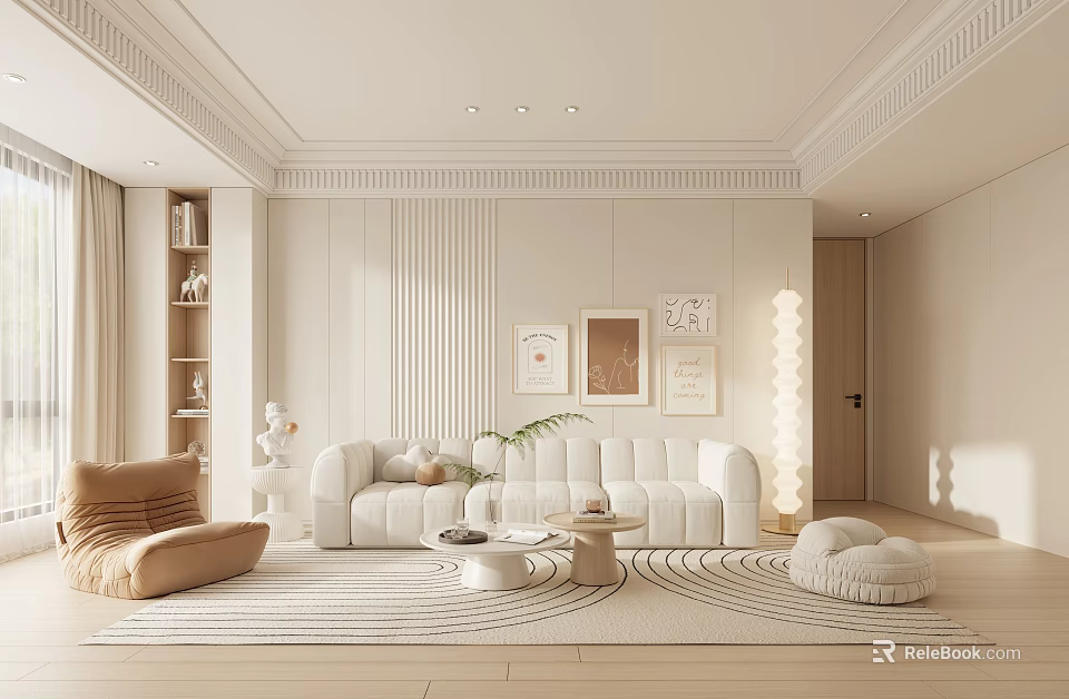 Modern Living Room Interior With White Sofa Round Coffee Table Wall Art And Floor Lamp 3d model 