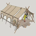 Wooden Frame Canvas Tent on Platform with Person Plant Table and Chair