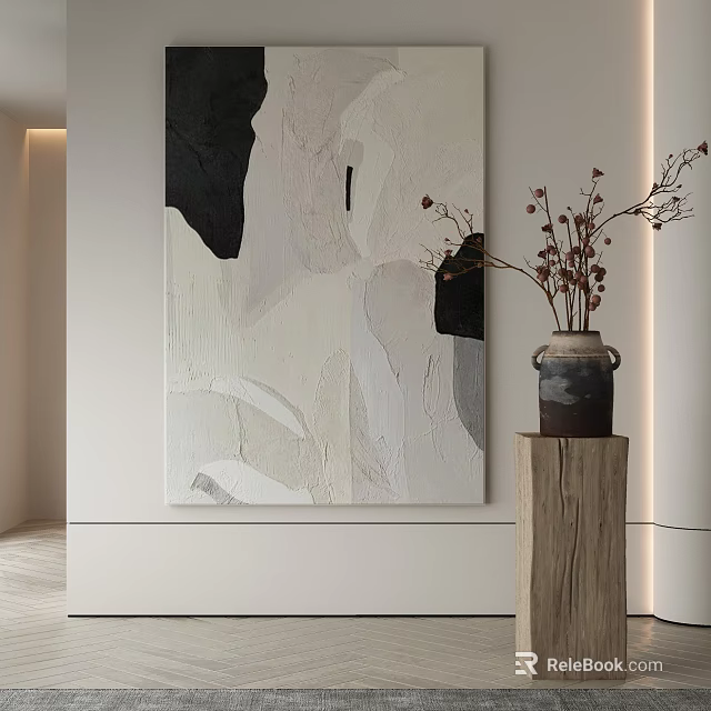 Abstract Painting On White Wall With Wooden Pedestal And Vase Holding Dried Flowers 3d model 