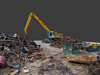 Yellow Excavator Operating At Scrap Metal Recycling Yard With Piles Of Waste And Blue Dumpsters 3d model