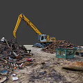 Yellow Excavator Operating At Scrap Metal Recycling Yard With Piles Of Waste And Blue Dumpsters