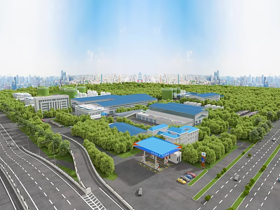 Industrial Plant Complex with Greenery Surrounding Roads Parking Lot Gas Station and Urban Skyline 3d model