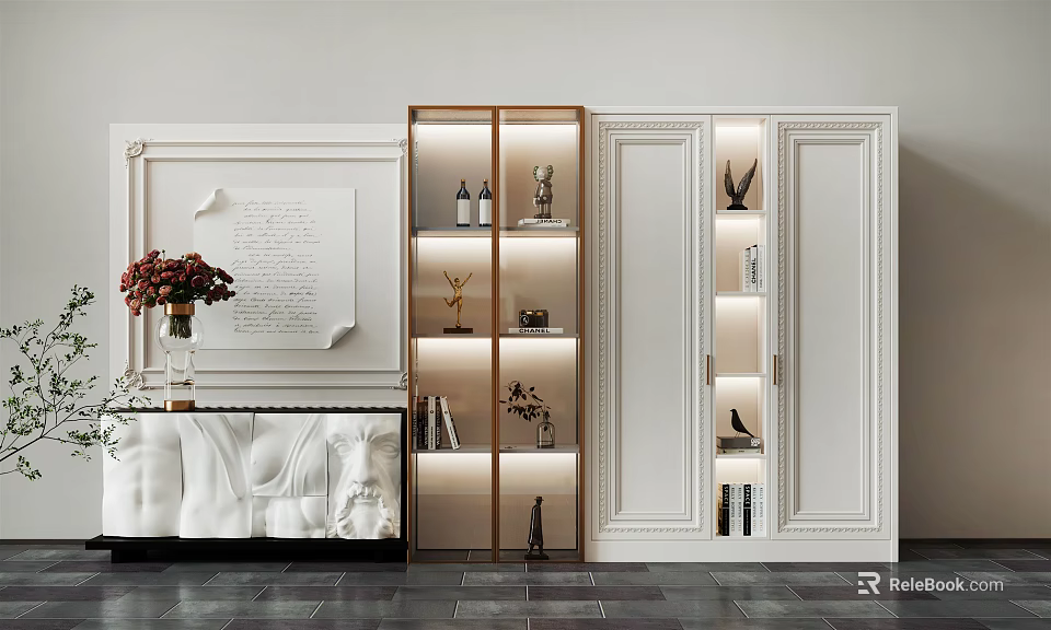 Modern Wine Cabinet With Glass Doors Built-in Lighting Displaying Wine Bottles And Decorative Items 3d model 