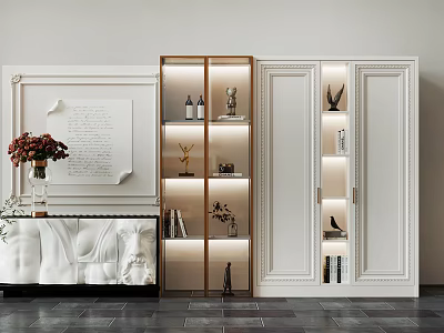 Modern Wine Cabinet With Glass Doors Built-in Lighting Displaying Wine Bottles And Decorative Items 3d model