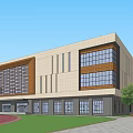Modern School Buildings with Green Roofs Connected Structures Sports Field Surrounding Trees and Roads
