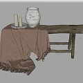 Rustic Wooden Bench with Brown Fringed Blanket White Vase and Candles