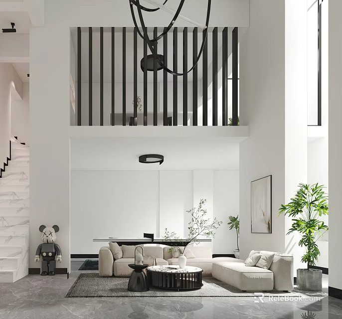 Modern Duplex Living Room Interior with High Ceiling Staircase and Green Plants 3d model 