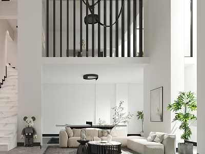 Modern Duplex Living Room Interior with High Ceiling Staircase and Green Plants 3d model