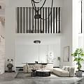 Modern Duplex Living Room Interior with High Ceiling Staircase and Green Plants