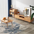 Natural Wood TV Stand In Modern Living Room With Coffee Table Oranges And Decorative Paintings