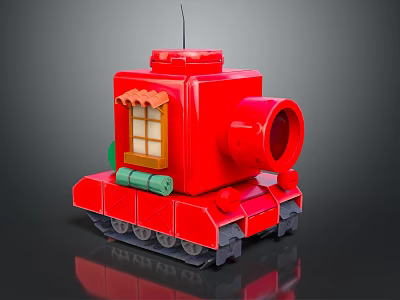 Red Toy Tank with Building Block Design Featuring Window and Cannon Tracks 3d model