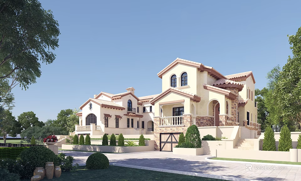 Mediterranean Detached Villa With Beige Exterior Arched Windows Lush Greenery And Paved Driveway 3d model 