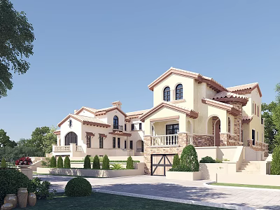 Mediterranean Detached Villa With Beige Exterior Arched Windows Lush Greenery And Paved Driveway 3d model