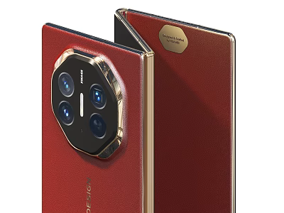 Red Foldable Smartphone with Leather Back and Gold Frame Featuring Multi Lens Camera Module 3d model