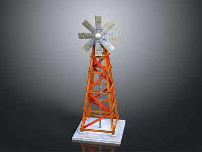 Detailed Windmill Model With Metal Blades And Orange Tower Frame Base 3d model