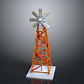 Detailed Windmill Model With Metal Blades And Orange Tower Frame Base