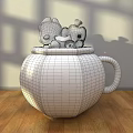 Cute Photo Spot With Pink Cup Cartoon Patterns And Bread Shaped Dolls On Wooden Floor