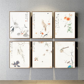 Chinese-style Plant Painting Grey Living Room Water Flowers, Birds, Fish and Insect Decorative Painting 3d model